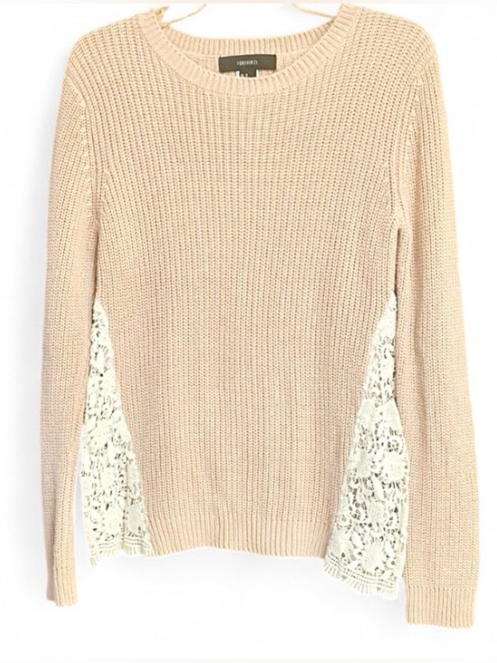 Forever 21 Women’s Mocha Tan Lace Panel Sweater Soft Knit Pullover Medium